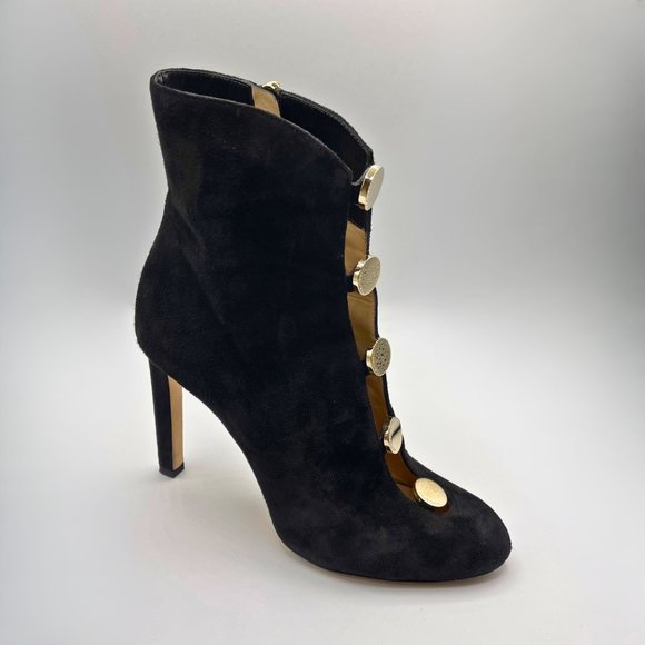 JIMMY CHOO LORETTA BLACK SUEDE ANKLE BOOT, CUT-OUT FRONT & GOLD-TONED BUTTONS - Picture 6 of 15
